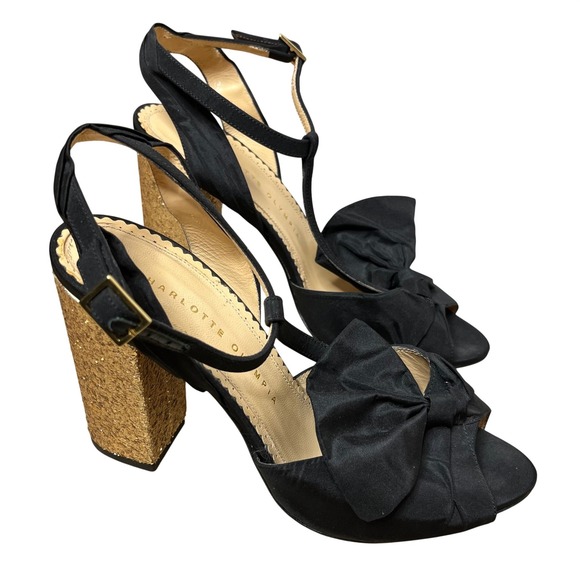 Charlotte Olympia Shoes - Charlotte Olympia Size 38 Black Satin Bow Block Heel Sandal T Strap Gold Glitter